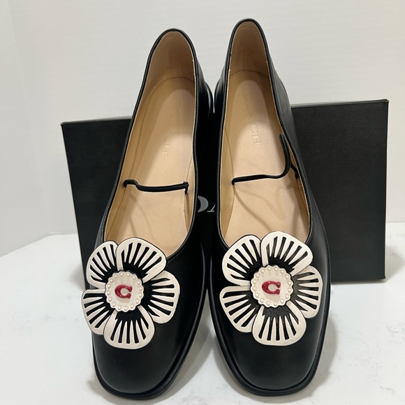 Coach Shoes - Coach Black Flats with White Floral Accent